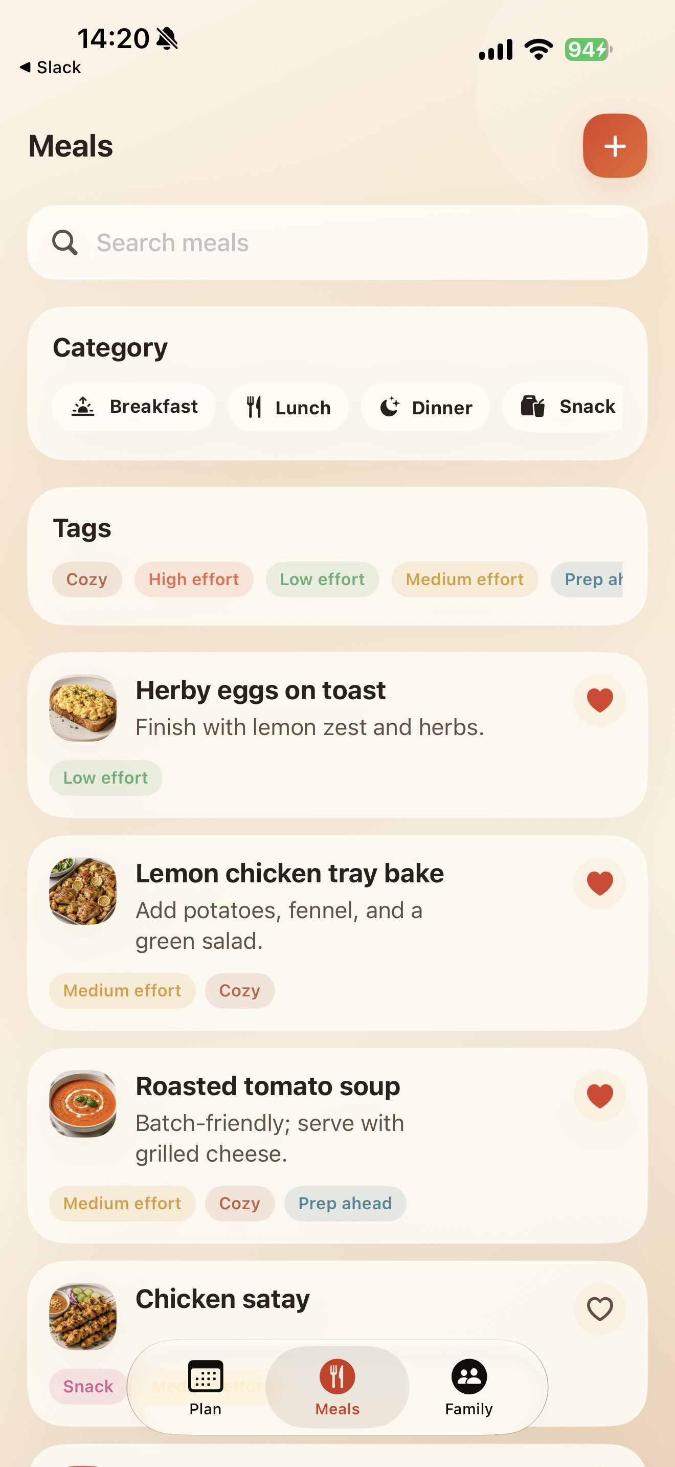 The meal library with photos, categories and tags